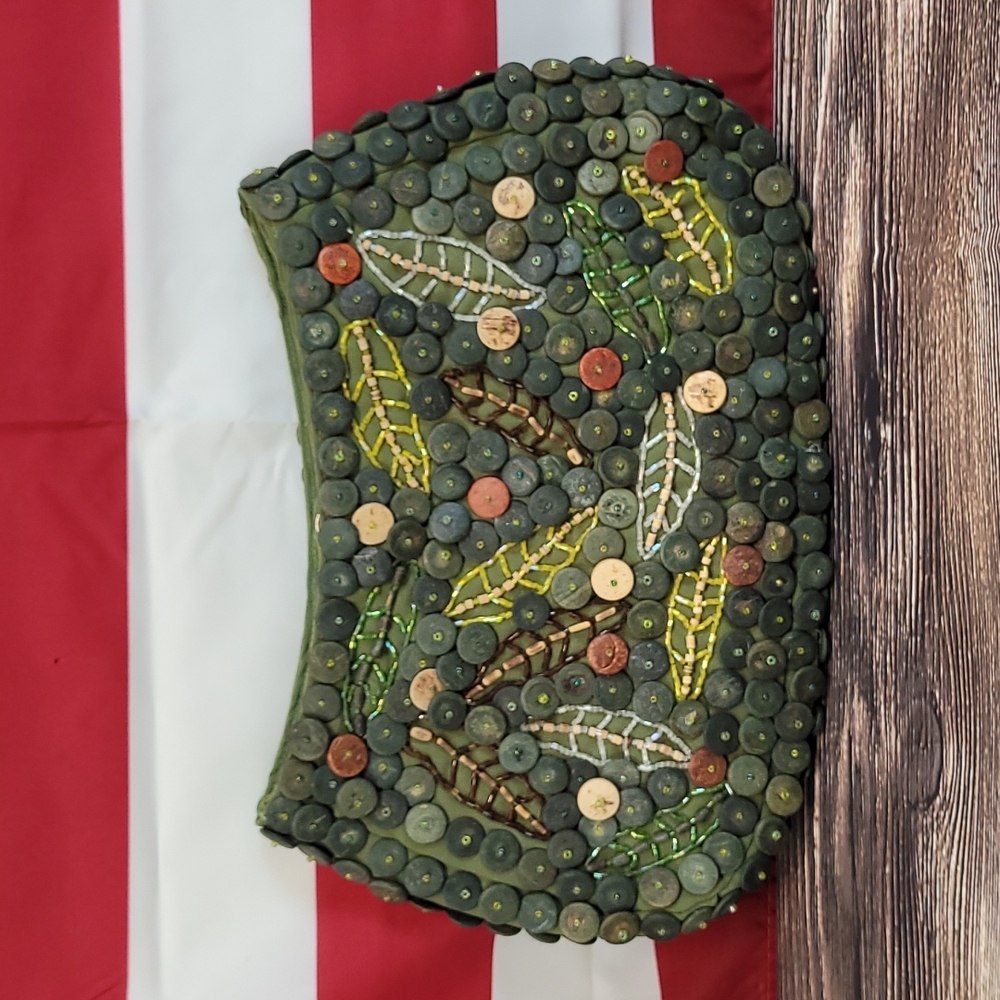 Beautiful Green leaves Vintage Made in Philippines Hand beaded button clutch bag